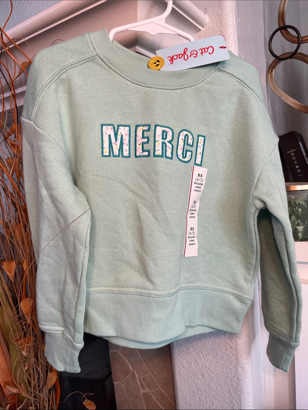 Cat & Jack Mint Green 'MERCI' Graphic Sweatshirt